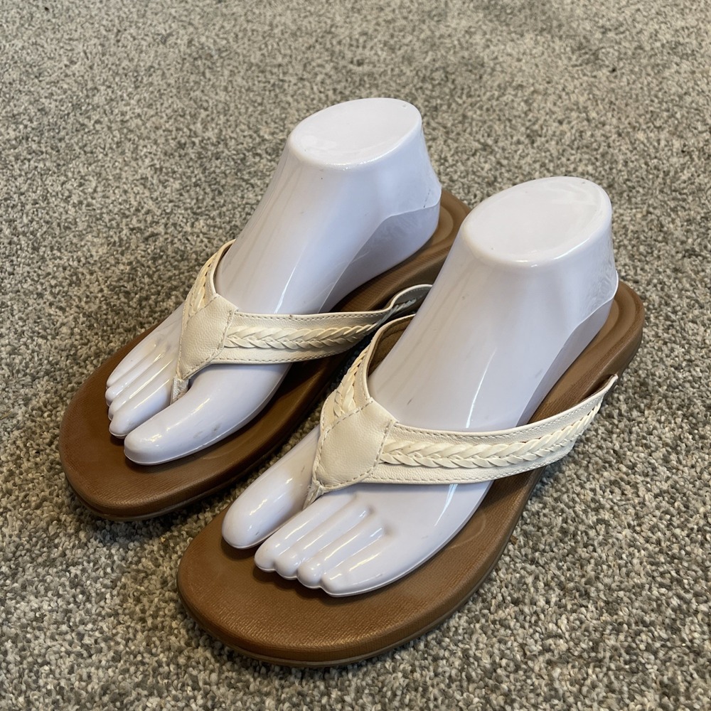 Aetrex Emmy Thong Flip Flop Sandals Womens 9 White Braided Orthotic Beach Pool